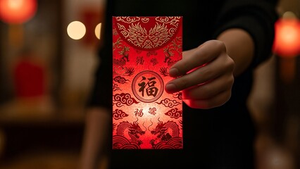 Hand holding traditional Chinese red envelope with golden dragons and 'Fu' character, festive bokeh background.