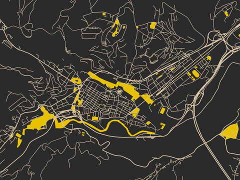 Abstract city map of Teramo, Italy with noir yellow color palette