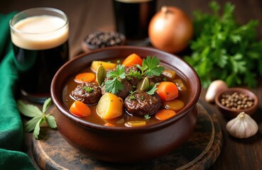Hearty beef stew with potatoes and carrots cooked in dark beer. Served in brown bowl with fresh parsley garnish. Glass of stout beer nearby.