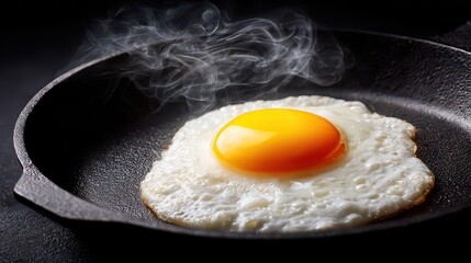 Fried Egg Cooking In A Black Cast Iron Skillet With Steam Rising Against A Dark Background