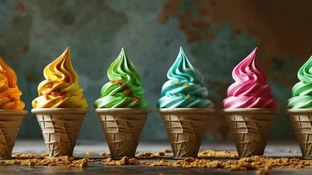 A row of ice cream cones with different colors