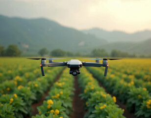 Drone flies over green field with yellow flowers. Modern tech surveys crops for precision agriculture. Unmanned aerial vehicle scans farm landscape.