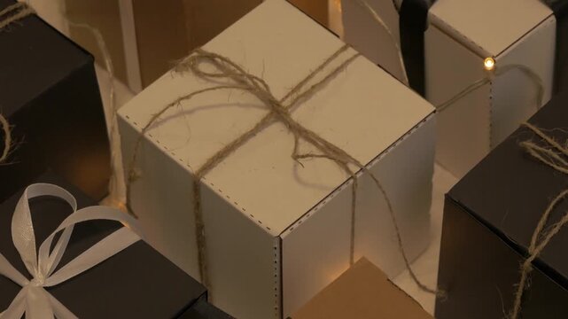 Christmas gift boxes arranged beautifully with decorative ribbons, camera zooms in to highlight details. parcel christmas concept. christmas box. Selection assortment