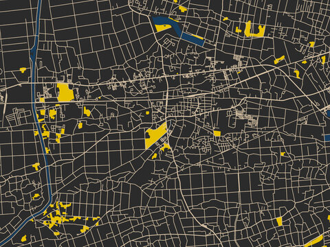 Flat city map of Asahi, Japan in dark map with yellow accents