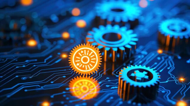 Mechanical Integration: A mesmerizing macro shot of gears and circuits intermingle in a glowing blue and orange display, symbolizing technology and connection.