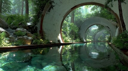 A serene waterway winds through arched structures, amidst lush foliage