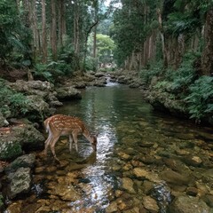 Deer drinks from clear stream in lush forest, dappled sunlight filtering