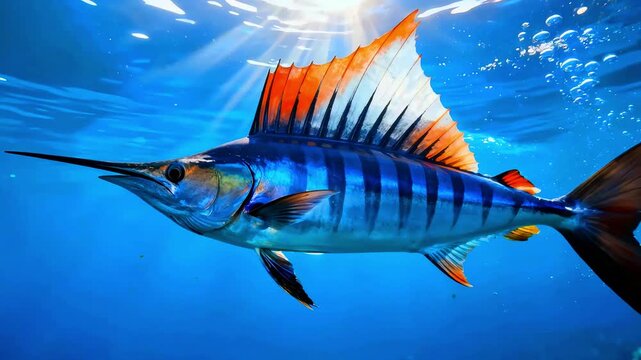 Majestic blue marlin swims beneath sunlit ocean surface with vibrant orange dorsal fin striking deep azure water creating an epic underwater wildlife scene for nature photography and marine biology st
