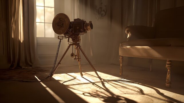 Golden Pixelated Vintage Camera on Tripod Bathed in Sunlight in Elegant Room with Grand Piano - Powered by Adobe