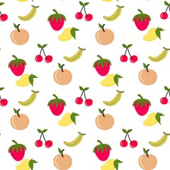 A bright and colorful seamless fruit pattern featuring hand-drawn style illustrations of strawberries, cherries, bananas, mangoes, and peaches/apples on a vibrant  background. 
