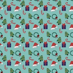 A cheerful and festive seamless pattern for Christmas and holiday seasons. Features cute hand-drawn style illustrations of Christmas trees, Santa hats, gift boxes, candy canes, and wreaths on a warm 