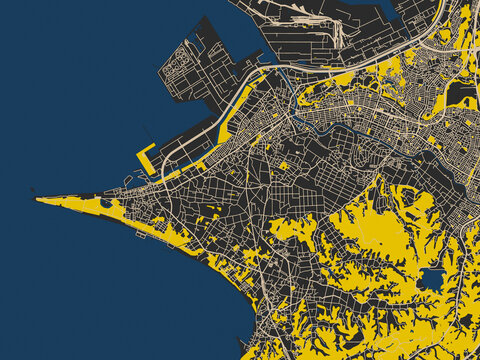 Modern graphic street map of Futtsu, Japan, with deep charcoal background with clean cream streets and sharp safety-yellow highlights, accented by ink-blue water