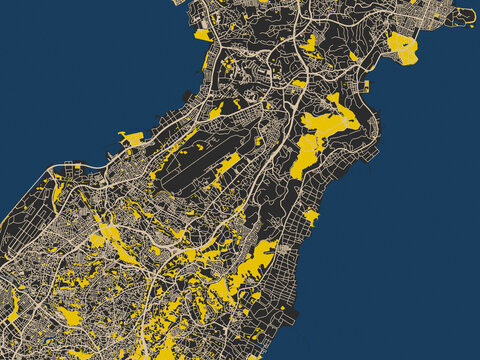 Decorative abstract map of Ginowan, Japan, featuring matte charcoal landmass with pale cream street lines, bold yellow accents and navy-blue water shapes