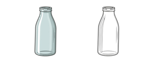 Cartoon illustration of a clear, empty glass milk bottle with a wide neck in light blue and gray colors for drinks, beverage, and packaging concepts