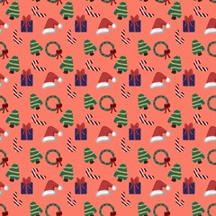 A cheerful and festive seamless pattern for Christmas and holiday seasons. Features cute hand-drawn style 