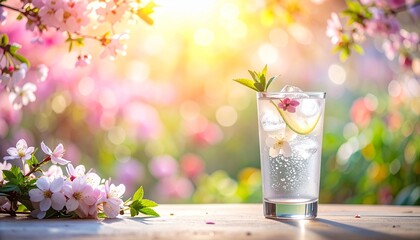 A refreshing spring cocktail with cherry blossoms in a sun-drenched garden.
