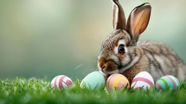 Easter Bunny and Painted Eggs: The arrival of spring and the joy of Easter, a fluffy rabbit poses with vibrant, decorated eggs in a verdant field. Capturing the spirit of renewal and celebration.