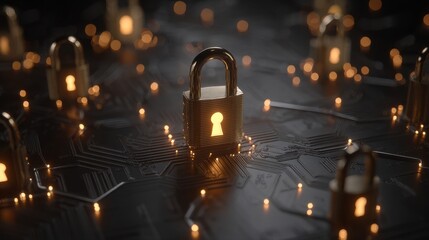 A Gold Padlock Displaying Digital Security on a Circuit Board
