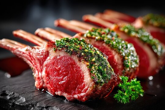 A photorealistic rack of lamb chops glistening beautifully