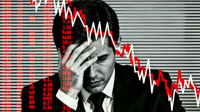 Financial stress businessman despair market crash downturn loss anxiety recession economic failure trading panic investment trouble bankruptcy crisis despairing suit professional headache despairing