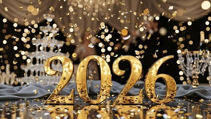 Golden 2026 numbers with falling confetti on a festive background.