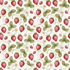 Watercolor strawberry fruit, flowers and leaves seamless pattern on light color background 