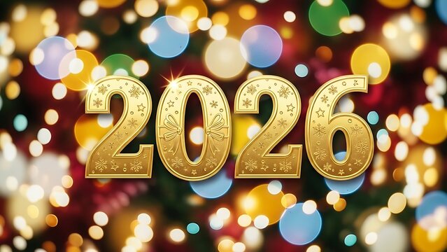 Golden 2026 text with festive bokeh lights background, celebrating New Year. - Powered by Adobe