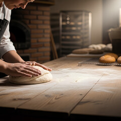 Artisan baker shaping bread dough at a wooden table in the bottom-left corner, wide empty flour-dusted surface and softly blurred bakery interior as negative space for promotional text.