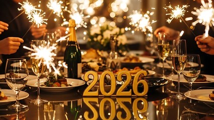 Happy New Year 2026 Celebration with Sparklers and Champagne.