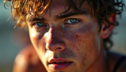 Young man with freckles and blue eyes, face covered in sweat. His hair is wet and messy, reflecting intense effort. He wears a red top, looking determined after training.
