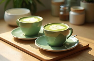 Two cups of hot green matcha latte tea with latte art sit on a wooden table. Frothy beverage is prepared with milk and healthy tea. Refreshing morning drink.