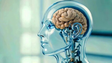 Artificial intelligence concept showing a transparent robotic head profile with a visible human brain structure and intricate internal cybernetic mechanisms representing futuristic technology and adva - Powered by Adobe