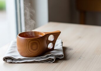 Artisanal wooden cup steaming with a warm beverage on a linen cloth