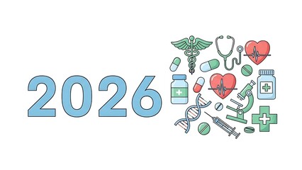 Year 2026 with medical and healthcare icons concept illustration.