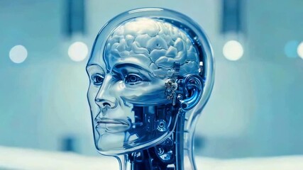 Artificial intelligence robot head transparent casing revealing detailed human brain structure inside symbolizing futuristic technology machine learning cybernetics consciousness digital mind advanced - Powered by Adobe