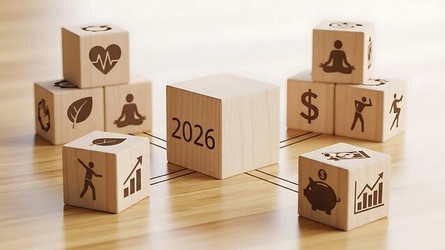 Wooden blocks with 2026 and various icons representing New Year resolutions and goals. - Powered by Adobe