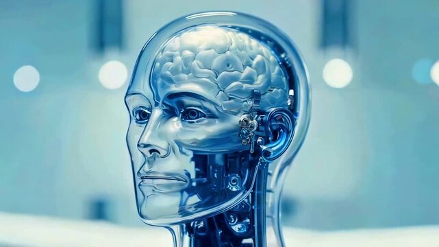 Artificial intelligence robot head transparent casing revealing detailed human brain structure inside symbolizing futuristic technology machine learning cybernetics consciousness digital mind advanced