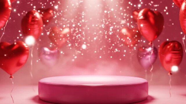 Romantic Valentines Day Product Display with Heart Balloons and Podium.