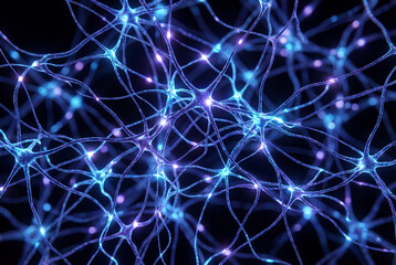 Abstract representation of an artificial intelligence neural network with glowing bioluminescent synapses firing in a dark void, featuring electric blue and deep purple connections
