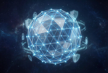 3d render of an abstract plexus geometry forming a holographic globe, representing blockchain security, interconnected nodes, and secure data in a clean corporate blue and silver color scheme