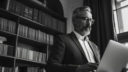 An intellectual man wearing glasses is engrossed in a book inside a library full of bookshelves and resources. He has short hair and seems focused on the content he is reading.