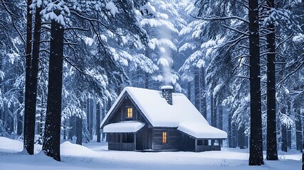 Cozy cabin in a winter forest
