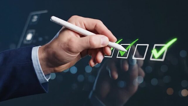 Hand using digital pen to check off boxes on a virtual screen for online task completion and selection