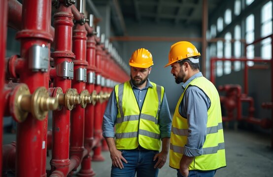 Two men in hard hats and safety vests inspect industrial pipes. They work on a construction project checking fire suppression system valves. One man gestures while discussing work.
