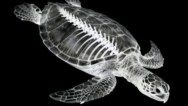 Xray image of a sea turtle showing internal skeletal structure marine biology illustration transparent shell view reptile anatomy deep sea creature visualization ocean life science exhibit high contra