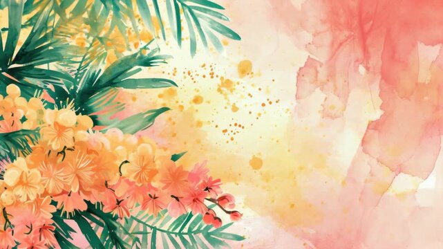 Colorful tropical botanical  with a vibrant floral pattern and palm leaves, perfect for travel or summer themes.