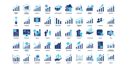 Growth analysis icon set collection. Containing statistics, increase, profit, progress, seo, monitor, report .Solid vector icons collection