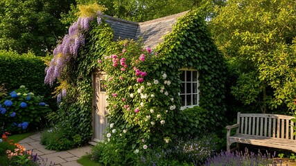 Enchanting garden shed covered in vines and flowers