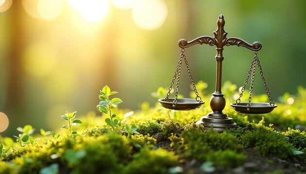 Scales of justice balanced on green mossy ground with new plant shoots. Symbolizes environmental law fairness and eco investments for nature protection and sustainable future.