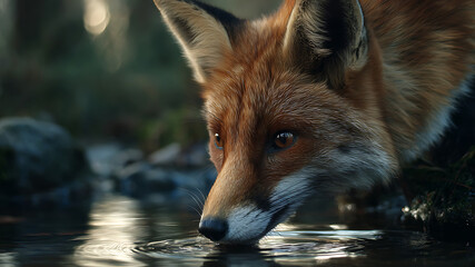 Close-up of a wild red fox drinking water from a stream in a dark forest.